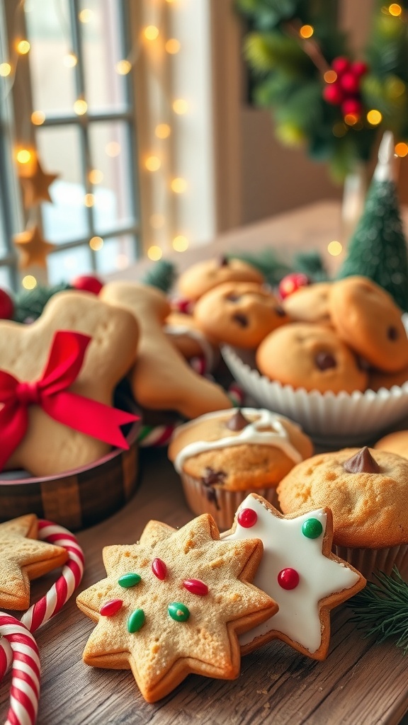 A variety of Christmas baked treats including sugar cookies and chocolate chip muffins on a festive table.